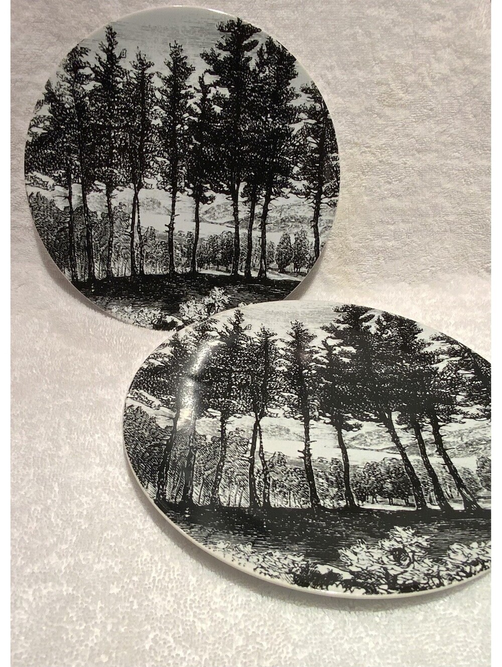 West Elm 8.5” Set of 2 Salad Plates with Woodland Clearing Black and White Scene